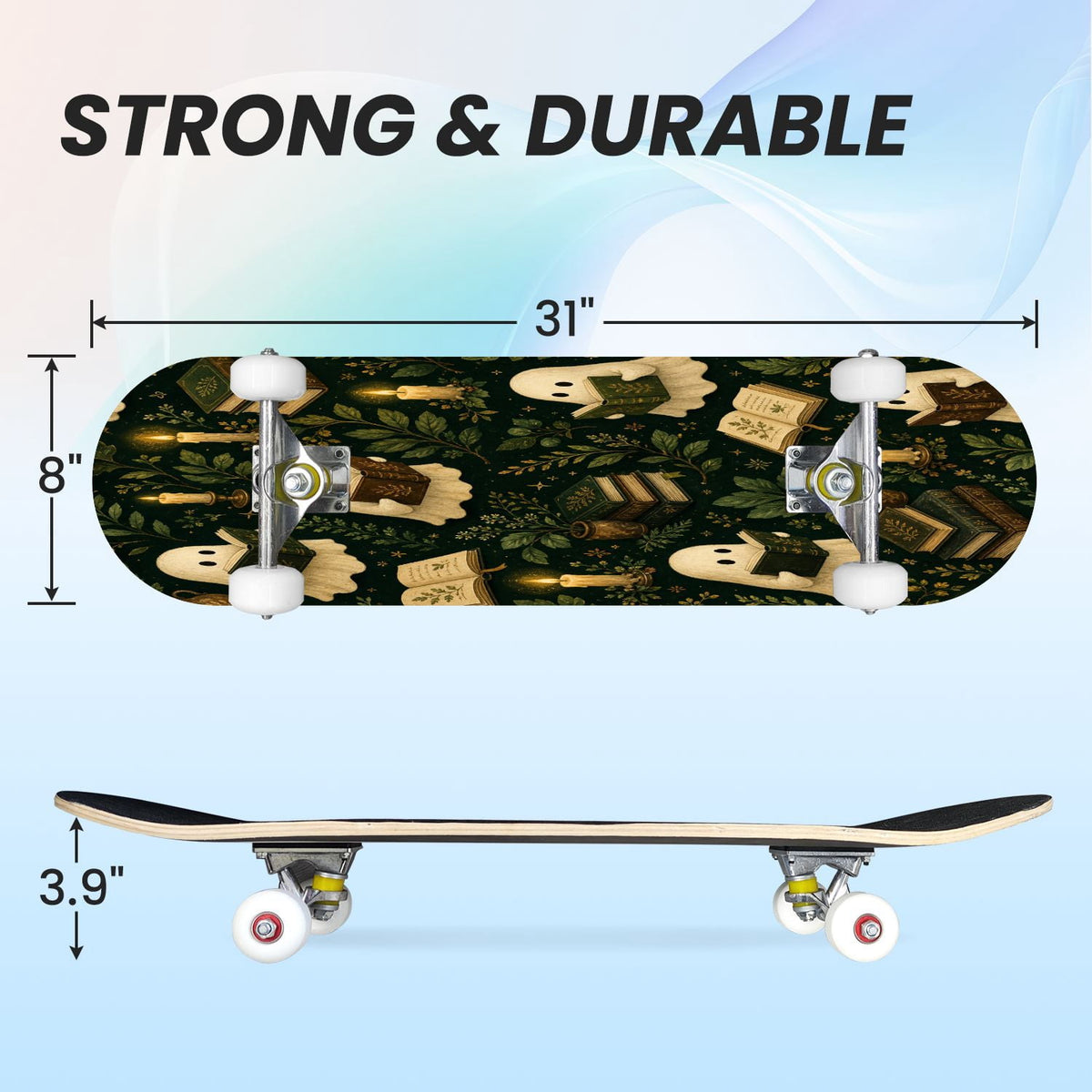 31"x8" Complete Skateboards for Beginners,Vintage Botanical Skull Flowers Elements Dark Double Kick 7 Ply Canadian Maple Deck Skateboard with Wheels, Gifts for Kids Teens