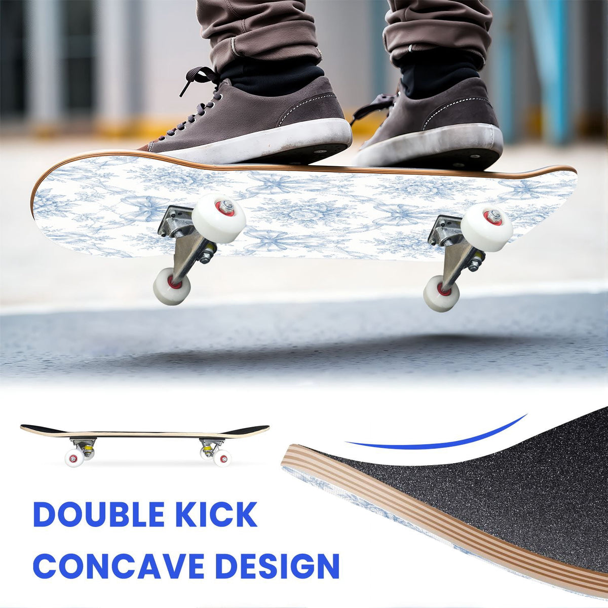 31"x8" Complete Skateboards for Beginners,Blue White Vintage Floral Roses Ornate Swirls Double Kick 7 Ply Canadian Maple Deck Skateboard with Wheels, Gifts for Kids Teens