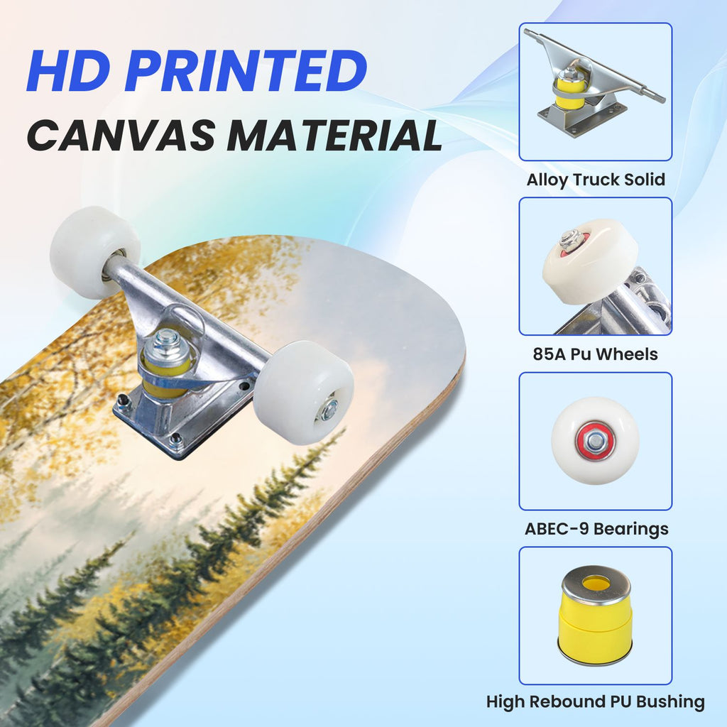 31"x8" Complete Skateboards for Beginners, Birch Trees Abstract Forest Branches Landscape Colorful Double Kick 7 Ply Canadian Maple Deck Skateboard with Wheels, Gifts for Kids Teens