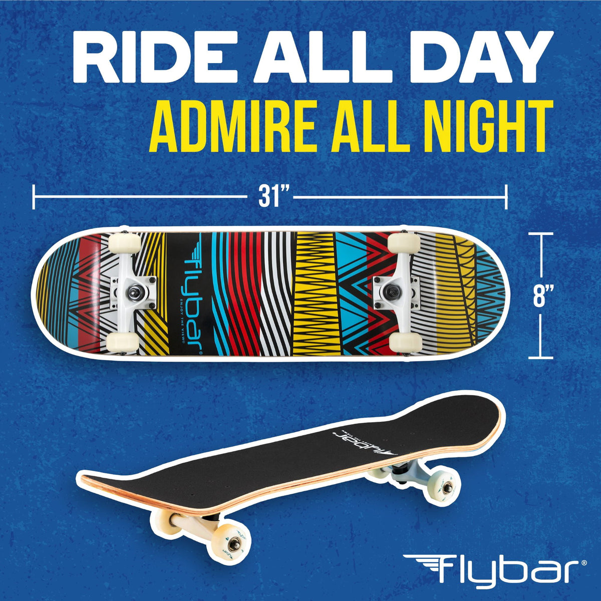 Flybar Skateboards for Beginners, Complete Standard 31 Inch Skateboard, Double Kick, 8" Deck, Lightweight, Stickers