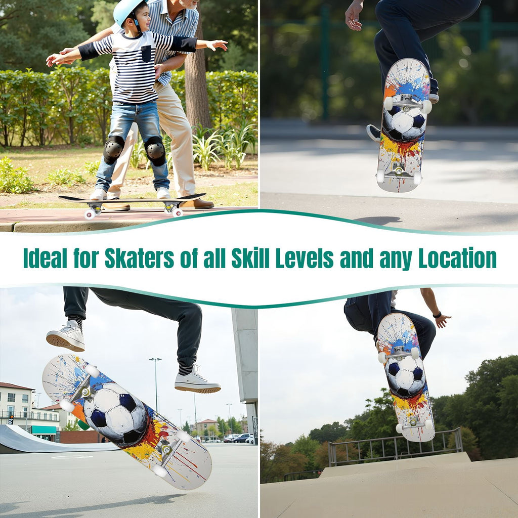 31"x8" Complete Skateboards for Beginners,Abstract Soccer Ball Vibrant Paint Splashes Drips Double Kick 7 Ply Canadian Maple Deck Skateboard with Wheels, Sports Gifts for Kids Teens