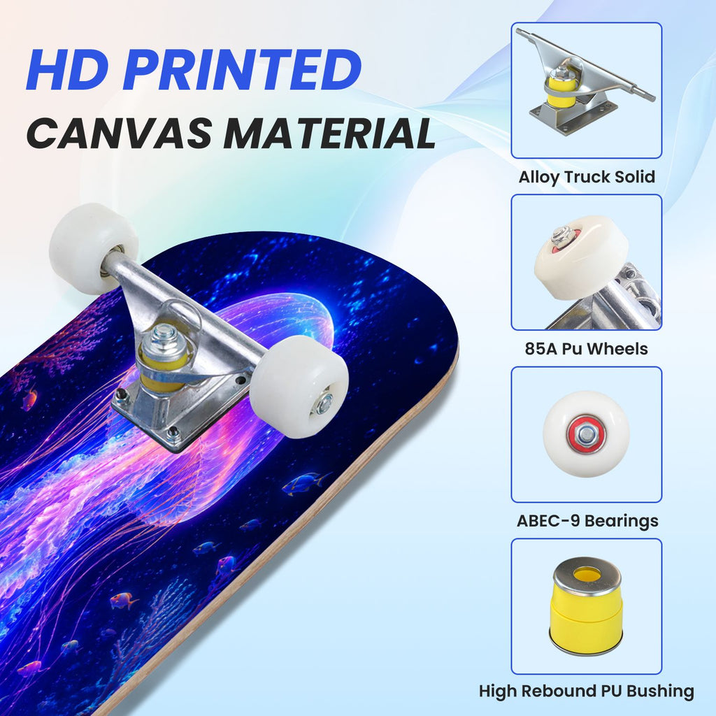 31"x8" Complete Skateboards for Beginners, Underwater Sharks Glowing Purple Jellyfish Marine Life Double Kick 7 Ply Canadian Maple Deck Skateboard with Wheels, Gifts for Kids Teens