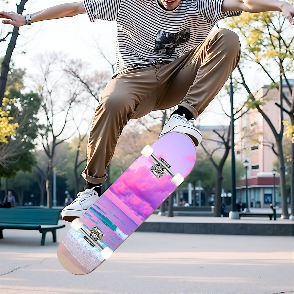 31"x8" Complete Skateboards for Beginners, Abstract Black Hexagon Honeycomb Glowing Blue Neon Geometric Double Kick 7 Ply Canadian Maple Deck Skateboard with Wheels, Gifts for Kids Teens