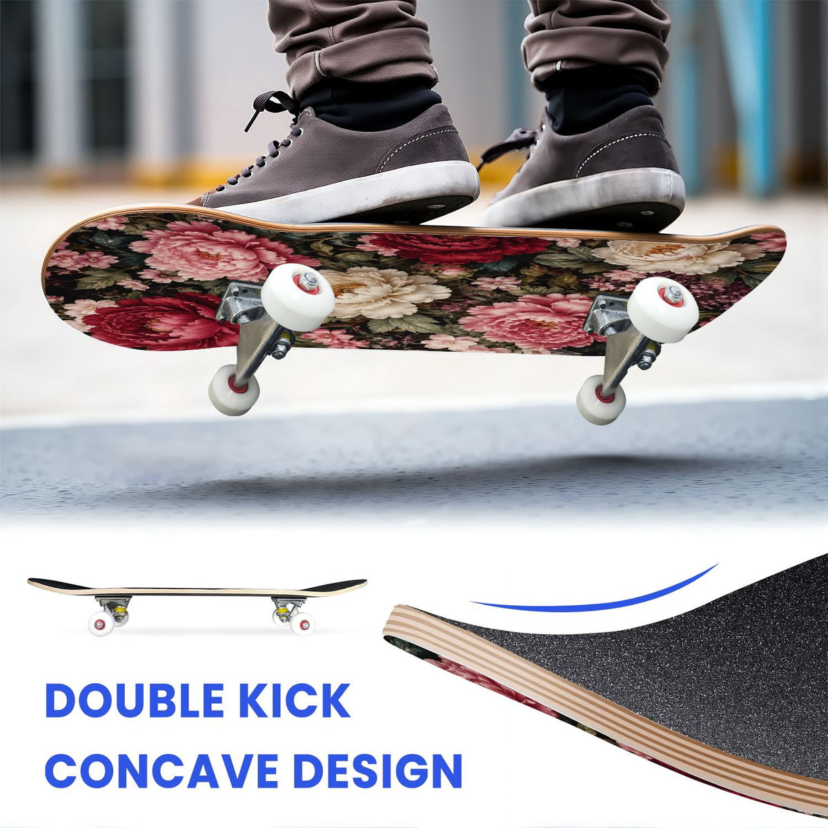 31"x8" Complete Skateboards for Beginners, Vibrant Purple Teal Floral Artwork Golden Accents Vintage Double Kick 7 Ply Canadian Maple Deck Skateboard with Wheels, Gifts for Kids Teens