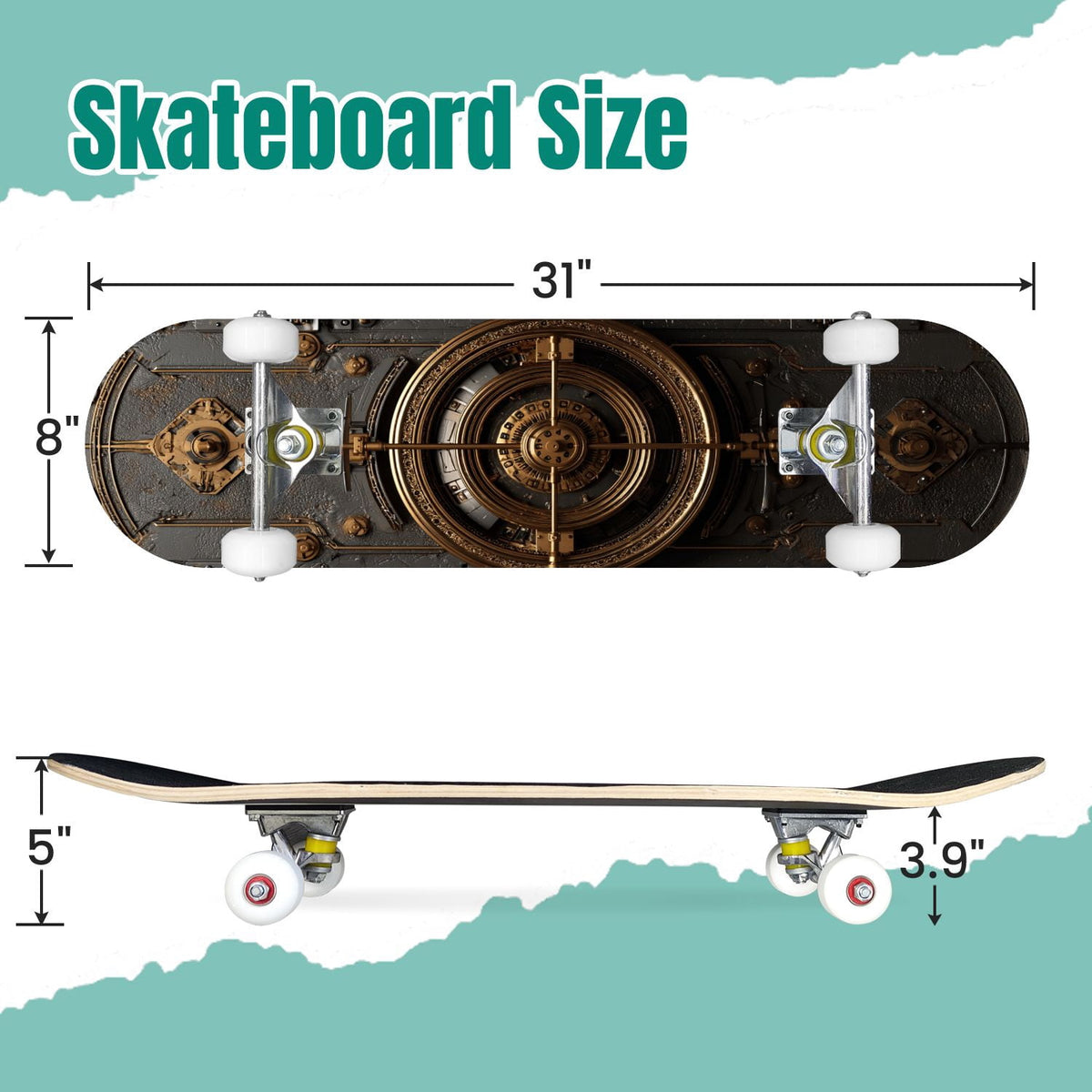 Futuristic Glowing Orange Neon Lines Dark Metallic Panels 31" x 8" Complete Skateboard, 7-Ply Canadian Maple Double Kick Trick Board for Kids and Beginners Adult Gifts