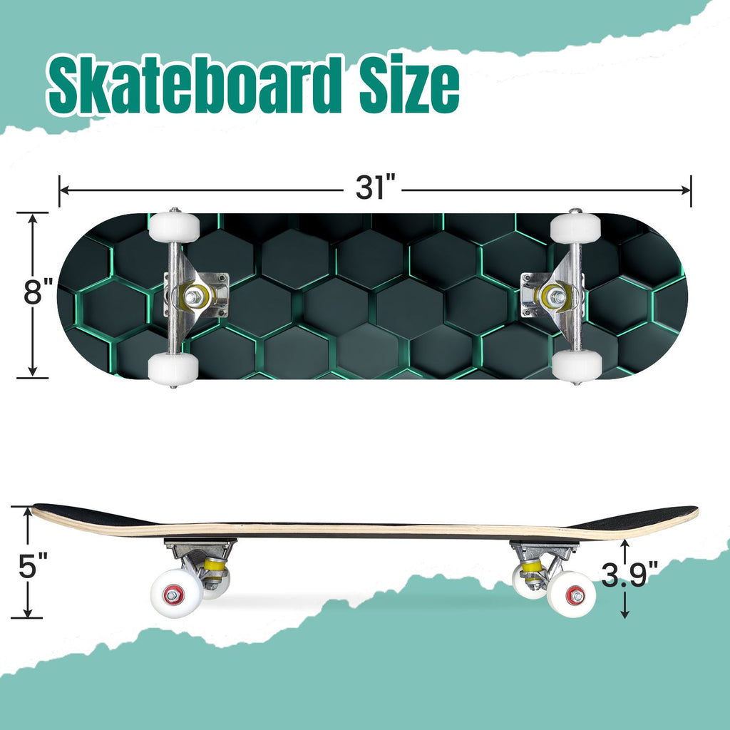 Futuristic Hexagonal Metallic Blue Glowing Orange Highlights 31" x 8" Complete Skateboard, 7-Ply Canadian Maple Double Kick Trick Board for Kids and Beginners Adult Gifts