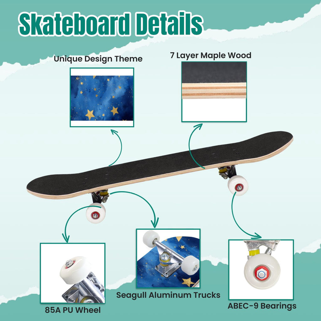 Vibrant Purple Blue Cosmic Galaxy Stars Nebula Clouds 31" x 8" Complete Skateboard, 7-Ply Canadian Maple Double Kick Trick Board for Kids and Beginners Adult Gifts