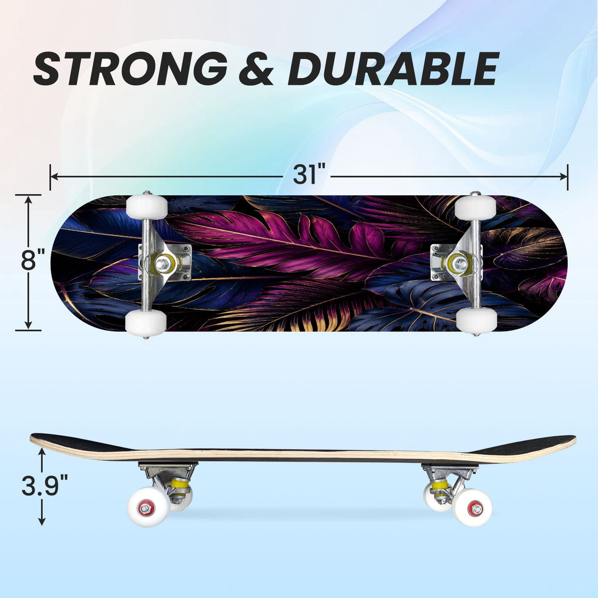 31"x8" Complete Skateboards for Beginners, Vibrant Purple Teal Floral Artwork Golden Accents Vintage Double Kick 7 Ply Canadian Maple Deck Skateboard with Wheels, Gifts for Kids Teens