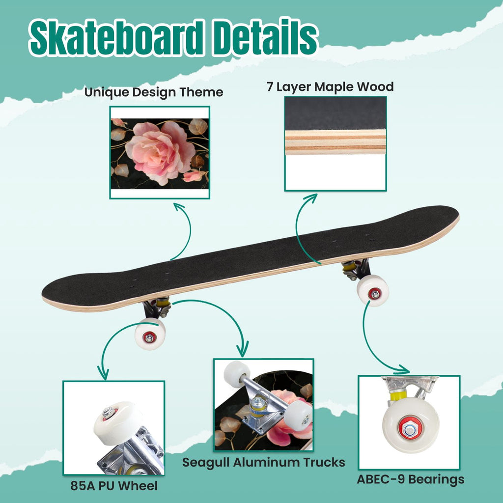 Dark Floral Wildflower Pink Yellow Blue Blooms 31" x 8" Complete Skateboard, 7-Ply Canadian Maple Double Kick Trick Board for Kids and Beginners Adult Gifts