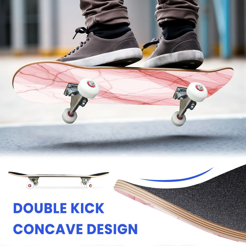 31"x8" Complete Skateboards for Beginners, Cherry Blossom Red Cherry Seamless Pink Botanical Double Kick 7 Ply Canadian Maple Deck Skateboard with Wheels, Gifts for Girls Teens