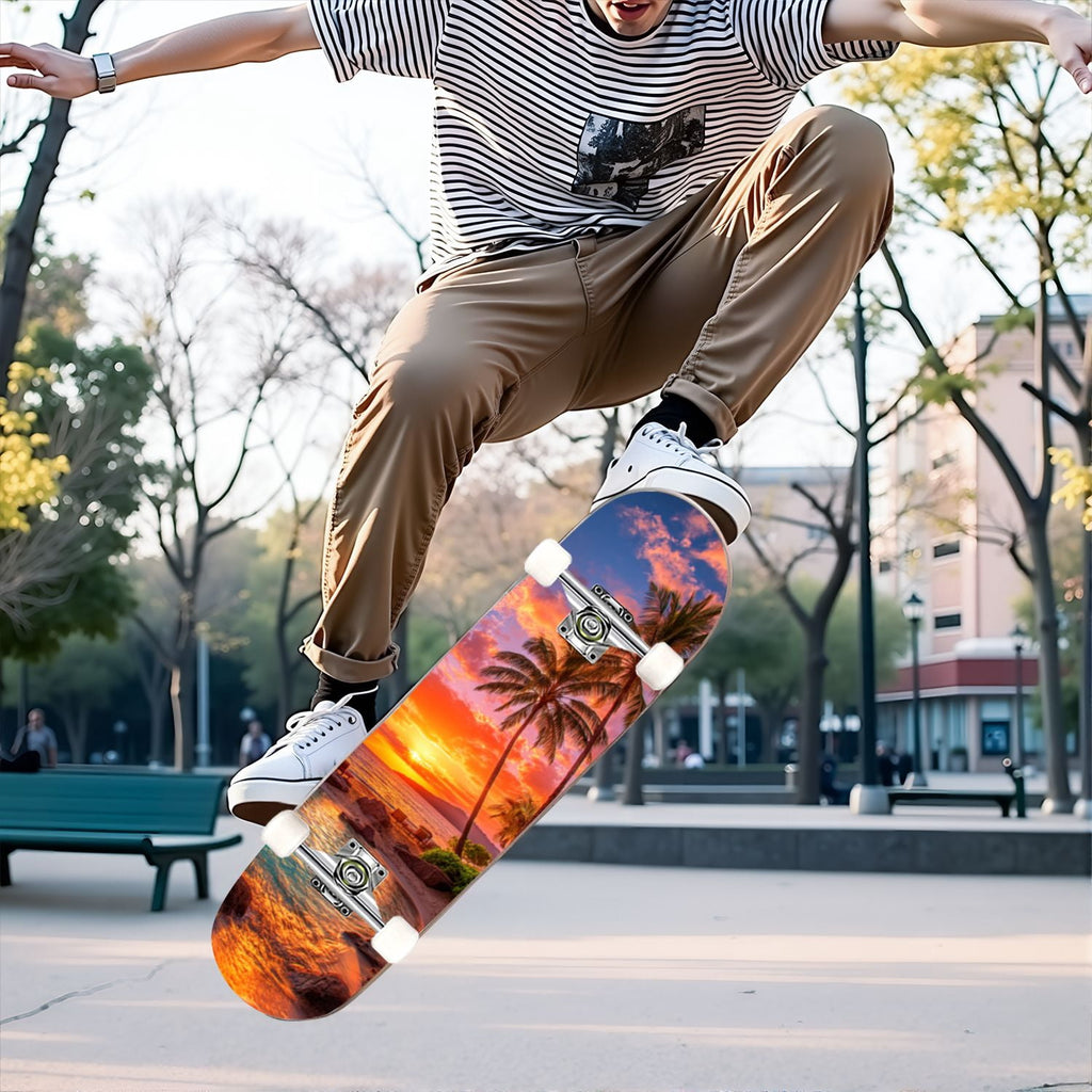 31"x8" Complete Skateboards for Beginners, Blue Deep Sea Sailing Ship Octopus Lighthouse Clouds Ocean Double Kick 7 Ply Canadian Maple Deck Skateboard with Wheels, Gifts for Kids Teens