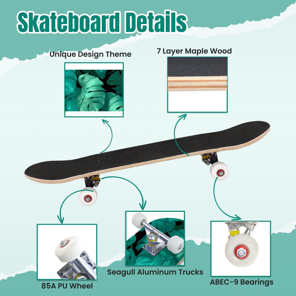 Tropical Jungle Leaf Teal Green Botanical 31" x 8" Complete Skateboard, 7-Ply Canadian Maple Double Kick Trick Board for Kids and Beginners Adult Gifts