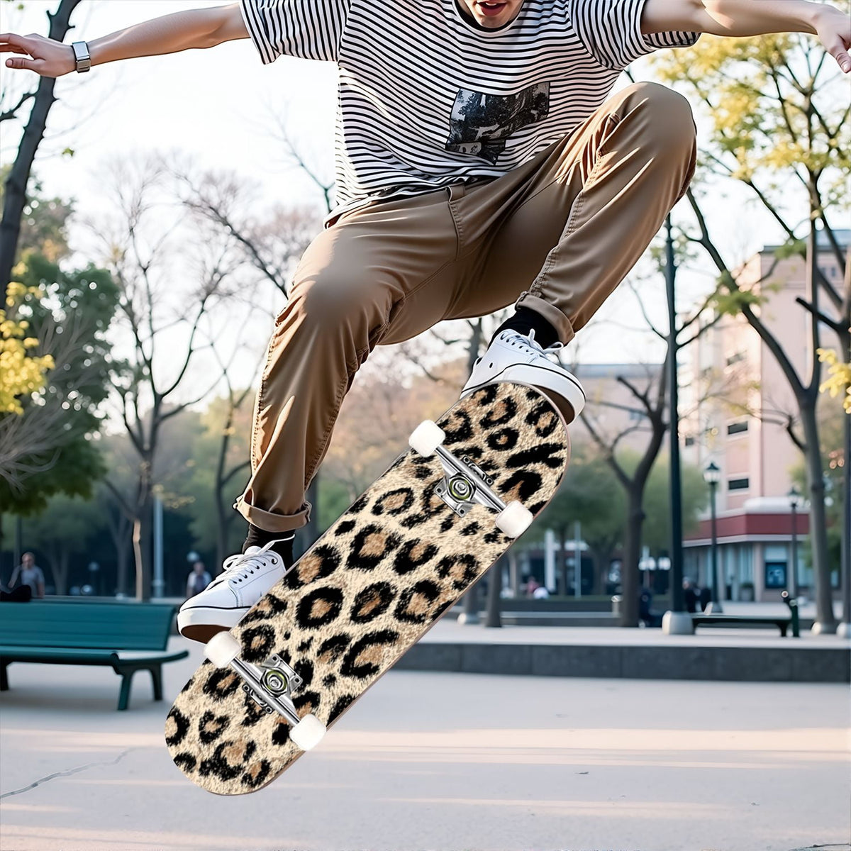 31"x8" Complete Skateboards for Beginners,Black Leopard Print Grey Double Kick 7 Ply Canadian Maple Deck Skateboard with Wheels, Gifts for Kids Teens