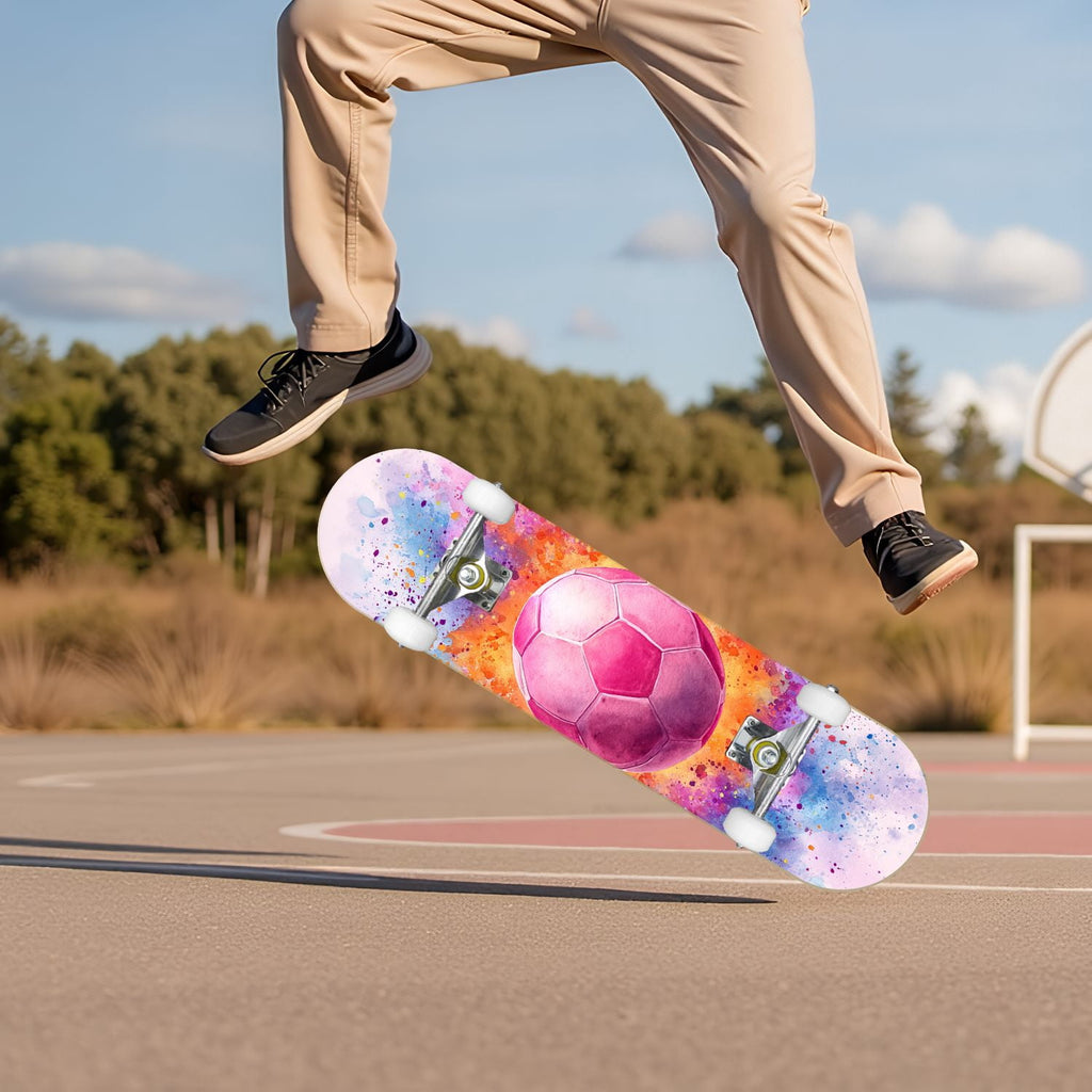 Dynamic Soccer Ball Explosion Energy Effects Stadium 31" x 8" Complete Skateboard, 7-Ply Canadian Maple Double Kick Trick Board for Kids and Beginners Adult Gifts