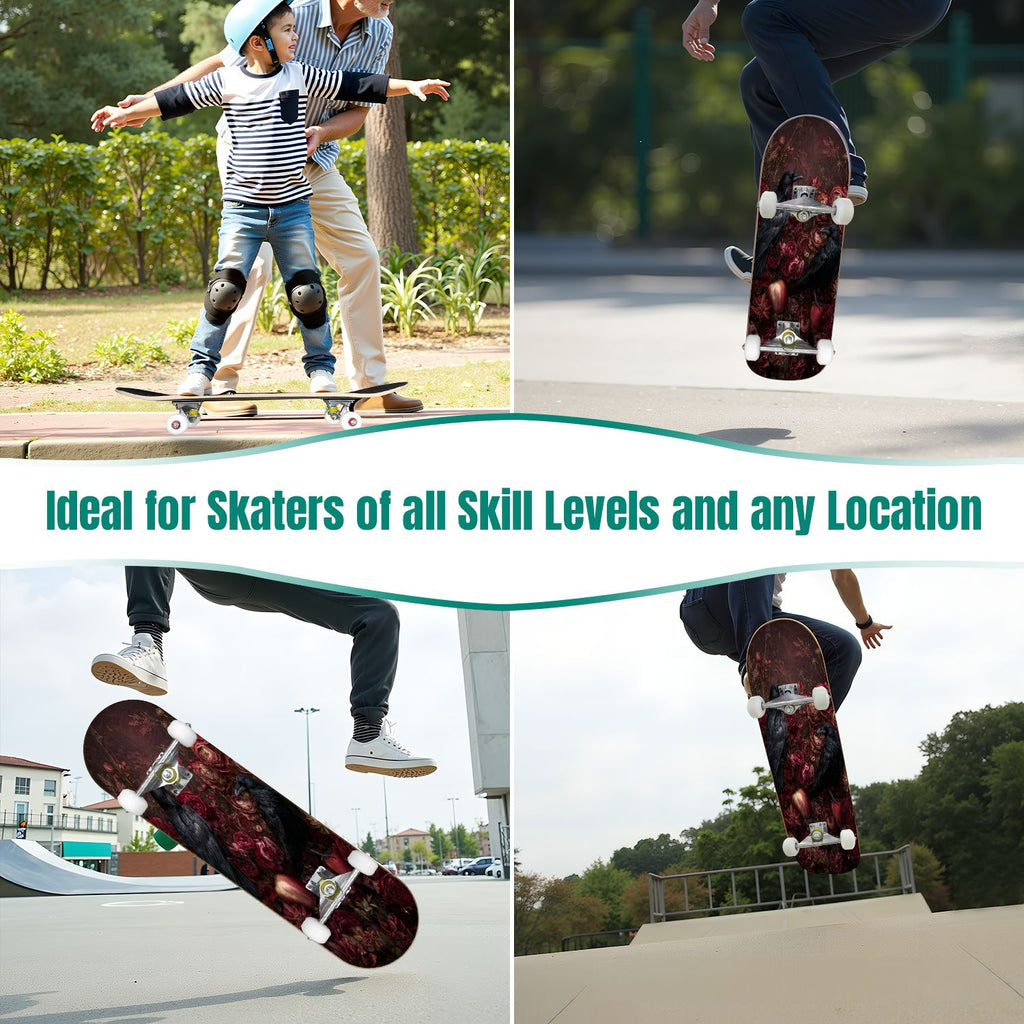 31"x8" Complete Skateboards for Beginners, Romantic Skeletons Blooming Roses Dark Academia Double Kick 7 Ply Canadian Maple Deck Skateboard with Wheels, Gifts for Kids Teens