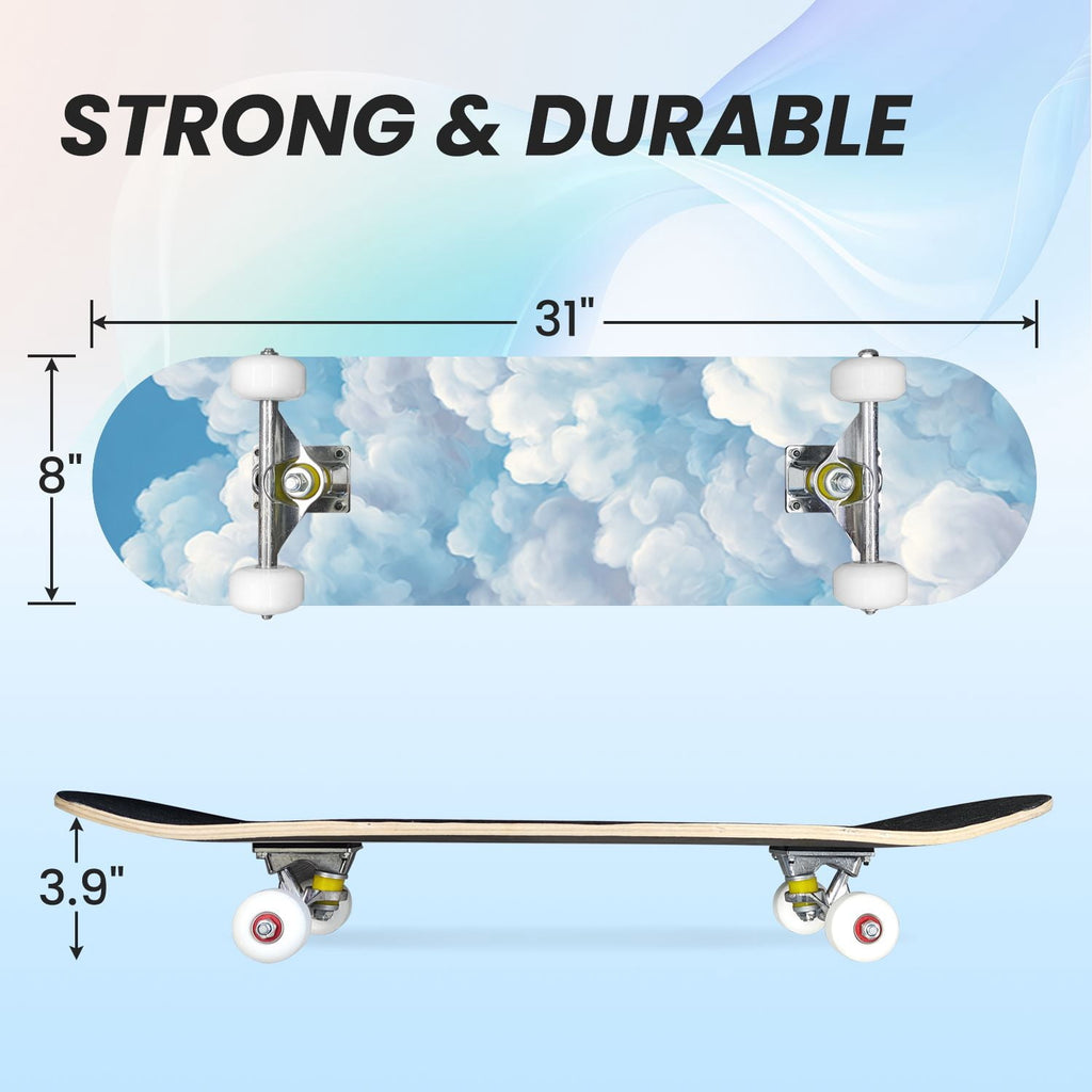 31"x8" Complete Skateboards for Beginners, Cute Light Blue Sky Cartoon Summer Decor Double Kick 7 Ply Canadian Maple Deck Skateboard with Wheels, Gifts for Kids Teens
