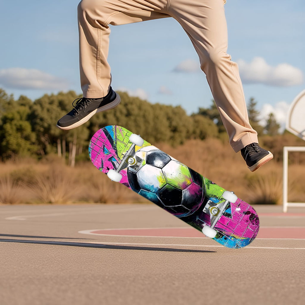 Dynamic Soccer Ball Explosion Energy Effects Stadium 31" x 8" Complete Skateboard, 7-Ply Canadian Maple Double Kick Trick Board for Kids and Beginners Adult Gifts