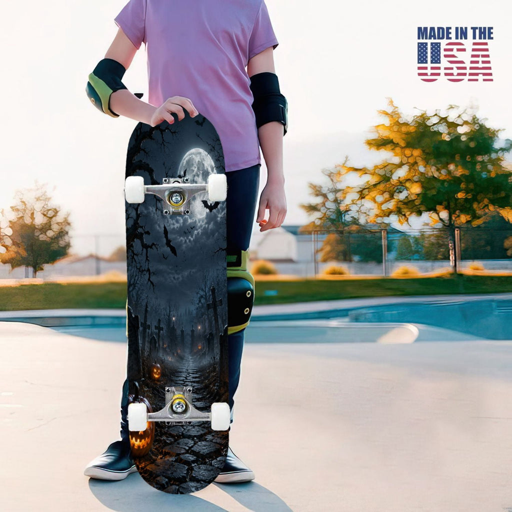 31"x8" Complete Skateboards for Beginners,Halloween Themed Pumpkins Witch Hats Spooky Double Kick 7 Ply Canadian Maple Deck Skateboard with Wheels, Gifts for Kids Teens