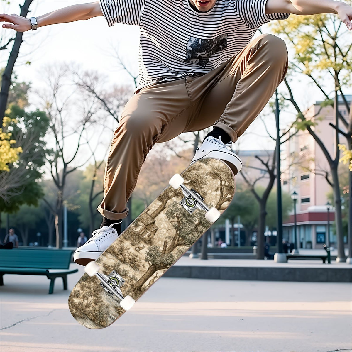 31"x8" Complete Skateboards for Beginners, Vintage Forest Woodland Large Trees Leaves River Cottage Double Kick 7 Ply Canadian Maple Deck Skateboard with Wheels, Gifts for Kids Teens