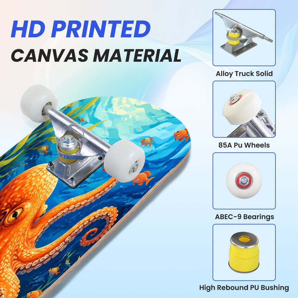 31"x8" Complete Skateboards for Beginners, Colorful Cosmic Octopus Tentacles Starry Marine Life Double Kick 7 Ply Canadian Maple Deck Skateboard with Wheels, Gifts for Kids Teens