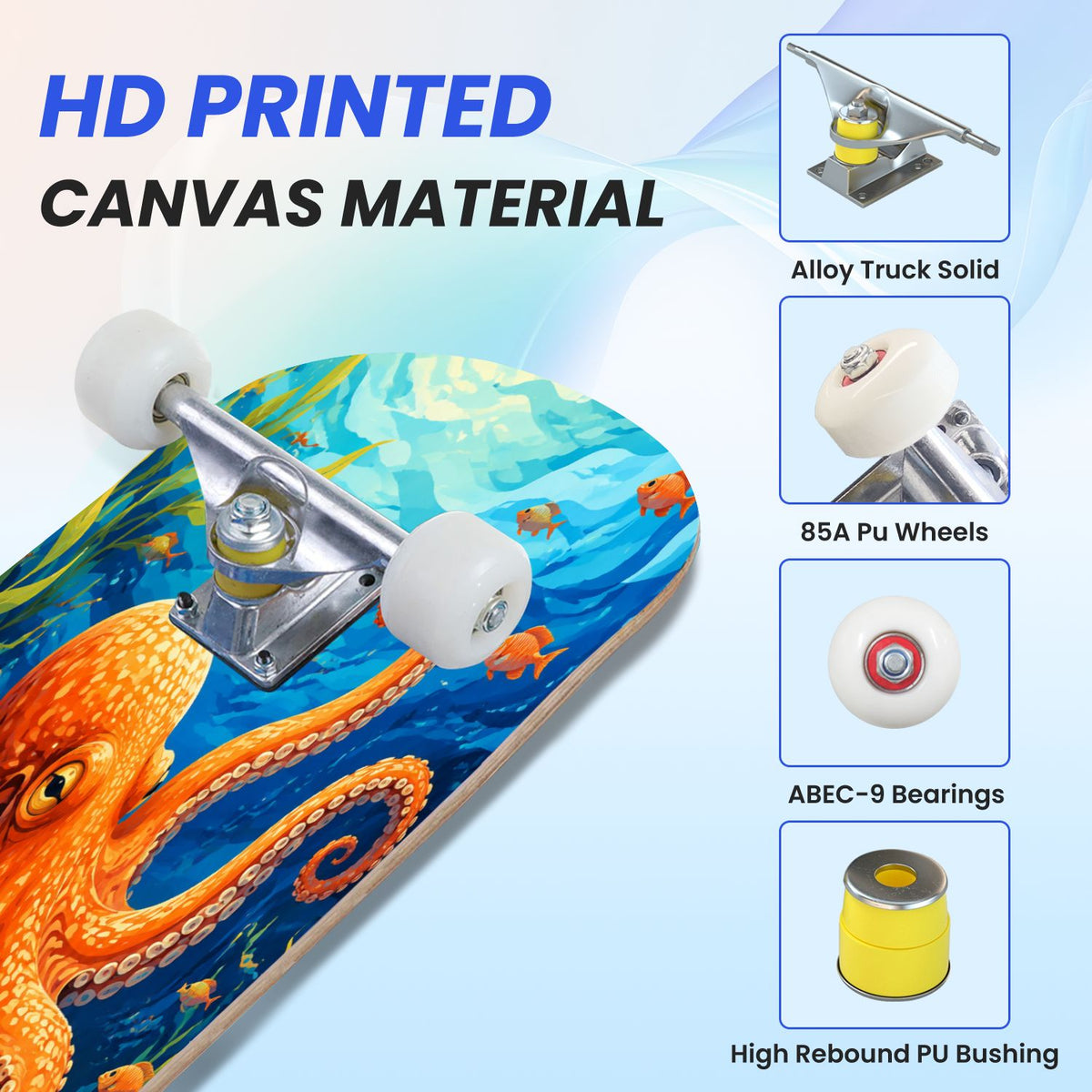 31"x8" Complete Skateboards for Beginners, Colorful Underwater Two Seahorses Coral Reefs Double Kick 7 Ply Canadian Maple Deck Skateboard with Wheels, Gifts for Kids Teens