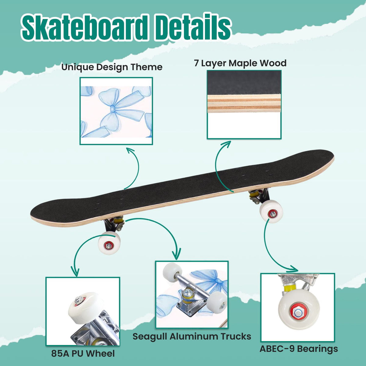 Delicate Pink Floral Ribbon Design 31" x 8" Complete Skateboard, 7-Ply Canadian Maple Double Kick Trick Board for Kids and Beginners Adult Gifts