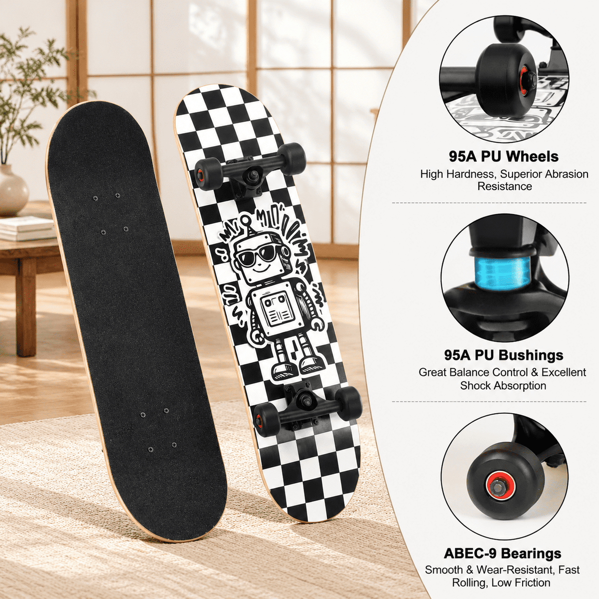 Vivid Standard Complete Skateboard for Beginners Adults Teens, 7 Layer Canadian Maple, Double Kick Concave