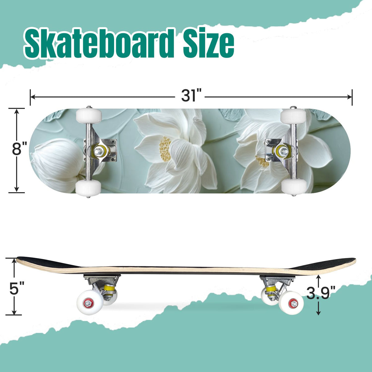 Moss Purple Flowers Rocky Ground 31" x 8" Complete Skateboard, 7-Ply Canadian Maple Double Kick Trick Board for Kids and Beginners Adult Gifts