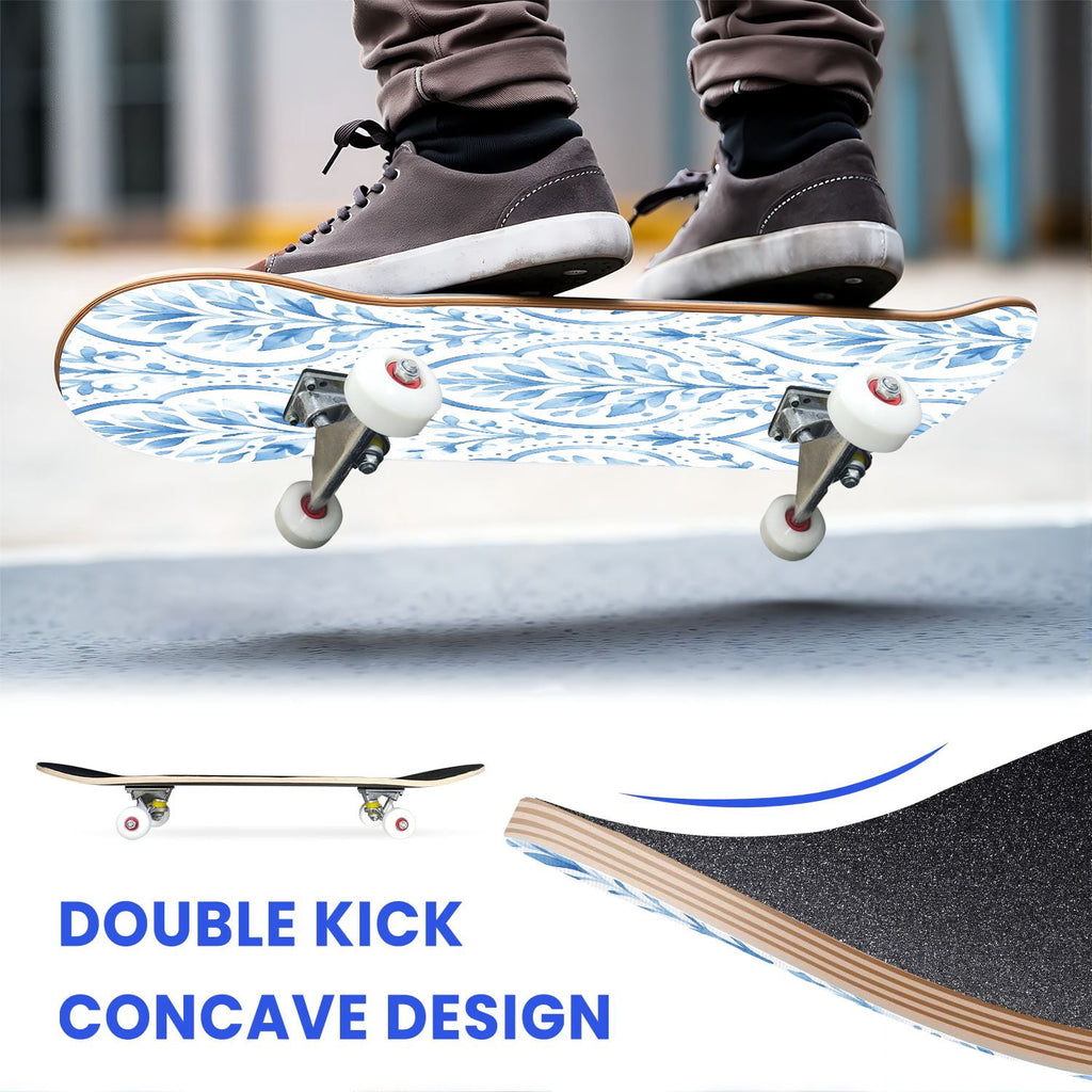 31"x8" Complete Skateboards for Beginners,Seamless Blue Watercolor Crabs Floral Accents Light Double Kick 7 Ply Canadian Maple Deck Skateboard with Wheels, Gifts for Kids Teens