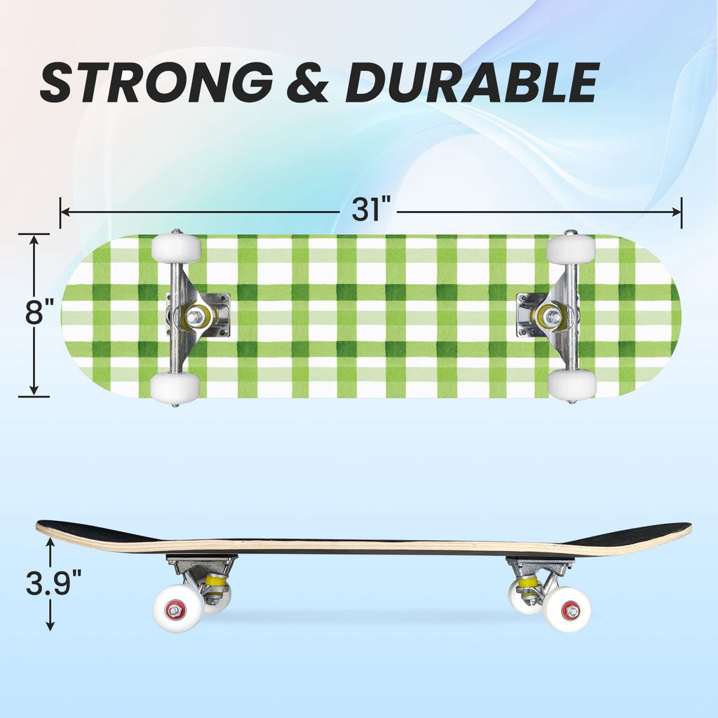 31"x8" Complete Skateboards for Beginners,Mint Green White Plaid Tartan Subtle Double Kick 7 Ply Canadian Maple Deck Skateboard with Wheels, Gifts for Kids Teens