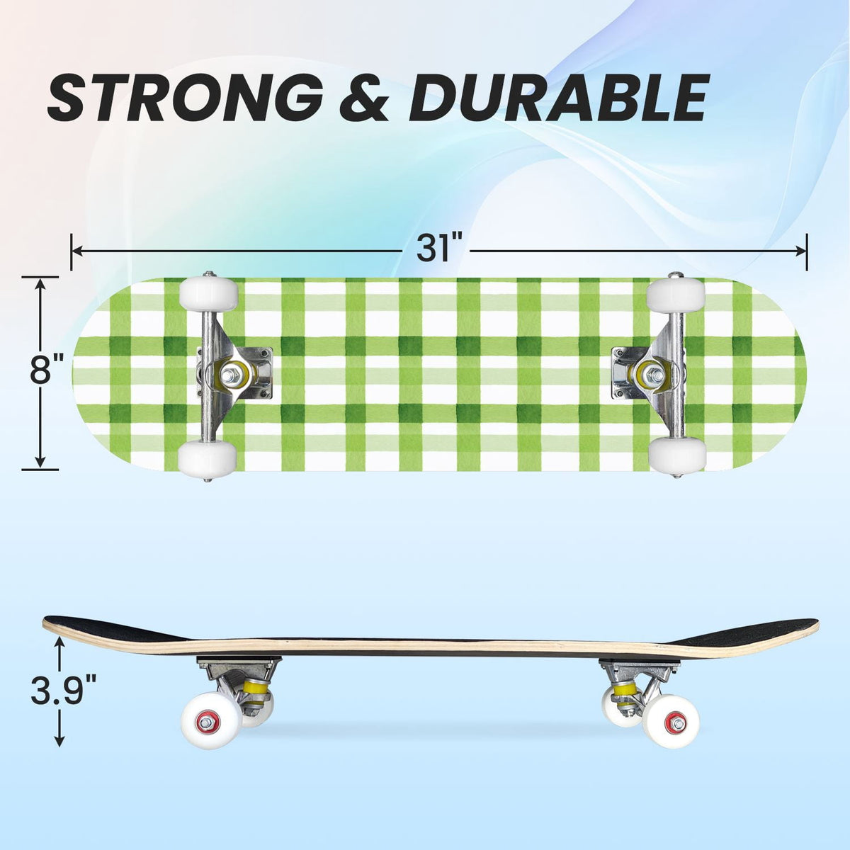 31"x8" Complete Skateboards for Beginners,Mint Green White Plaid Tartan Subtle Double Kick 7 Ply Canadian Maple Deck Skateboard with Wheels, Gifts for Kids Teens