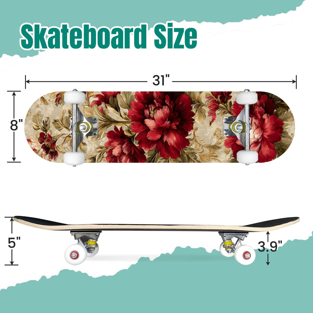 Elegant Purple Damask 31" x 8" Complete Skateboard, 7-Ply Canadian Maple Double Kick Trick Board for Kids and Beginners Adult Gifts