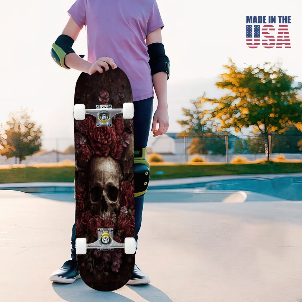 31"x8" Complete Skateboards for Beginners, Romantic Skeletons Blooming Roses Dark Academia Double Kick 7 Ply Canadian Maple Deck Skateboard with Wheels, Gifts for Kids Teens