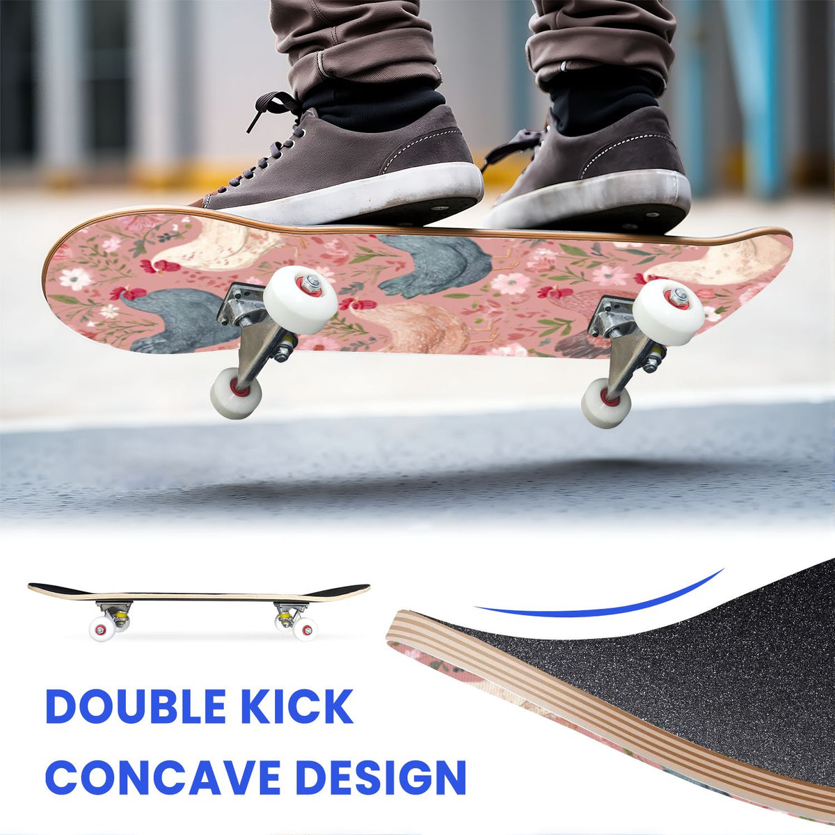31"x8" Complete Skateboards for Beginners, Soft Blue Cream Striped Design Double Kick 7 Ply Canadian Maple Deck Skateboard with Wheels, Gifts for Kids Teens