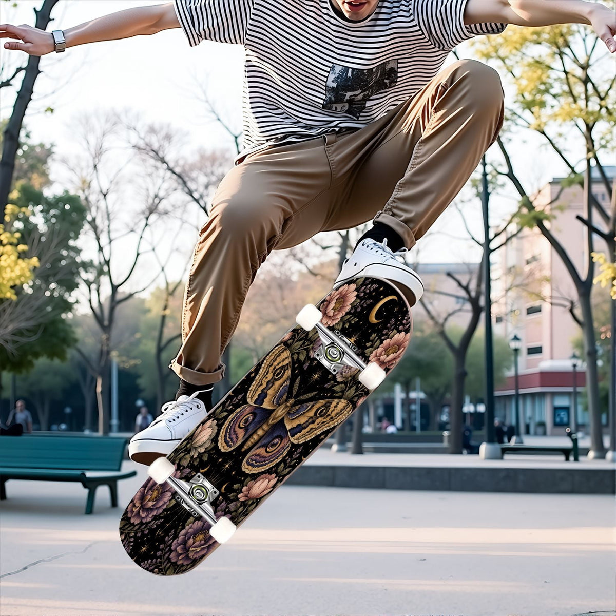 31"x8" Complete Skateboards for Beginners, Blue Moth Moonlight Flowers Mushrooms Forest Double Kick 7 Ply Canadian Maple Deck Skateboard with Wheels, Gifts for Kids Teens
