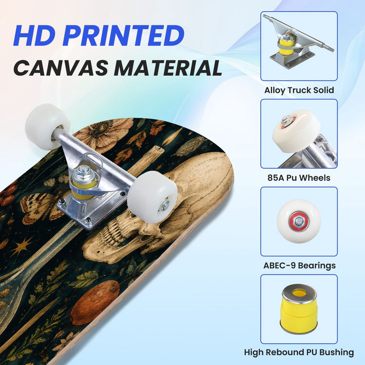 31"x8" Complete Skateboards for Beginners,Vintage Botanical Skull Flowers Elements Dark Double Kick 7 Ply Canadian Maple Deck Skateboard with Wheels, Gifts for Kids Teens