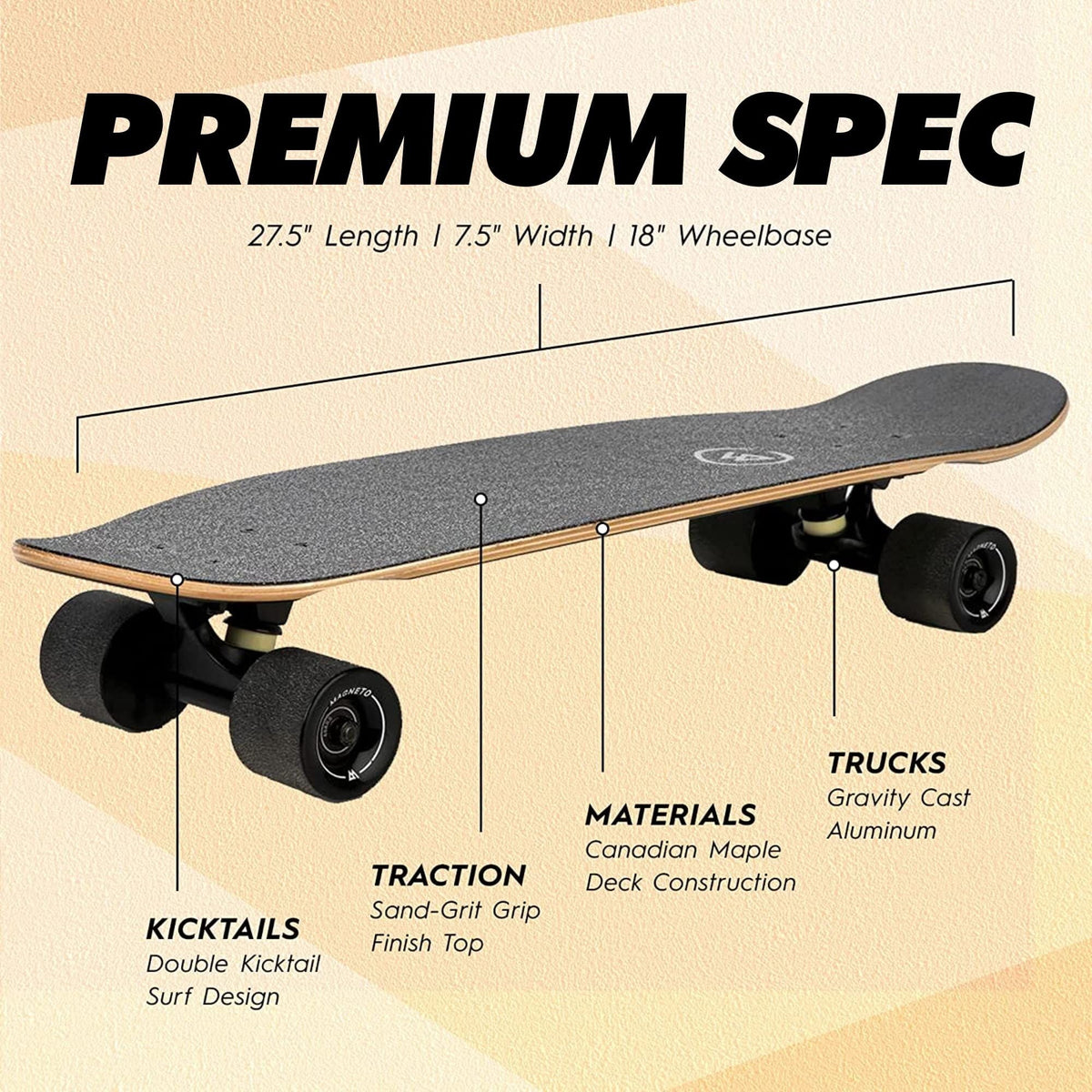 Magneto Cruiser Skateboard - Portable Adult Cruiser Board & Double Kicktail Deck - Kids 6-8 Skateboard with Tiki Style - 27.5 x 7.5 in Deck, 7-Ply Canadian Maple