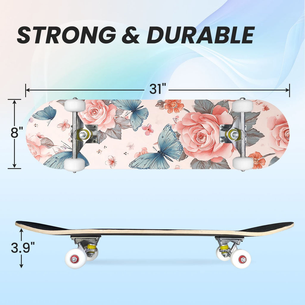 31"x8" Complete Skateboards for Beginners, Elegant Floral Pink Roses Blue Butterflies Double Kick 7 Ply Canadian Maple Deck Skateboard with Wheels, Gifts for Kids Teens