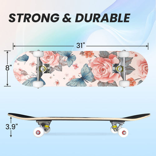 31"x8" Complete Skateboards for Beginners, Elegant Floral Pink Roses Blue Butterflies Double Kick 7 Ply Canadian Maple Deck Skateboard with Wheels, Gifts for Kids Teens