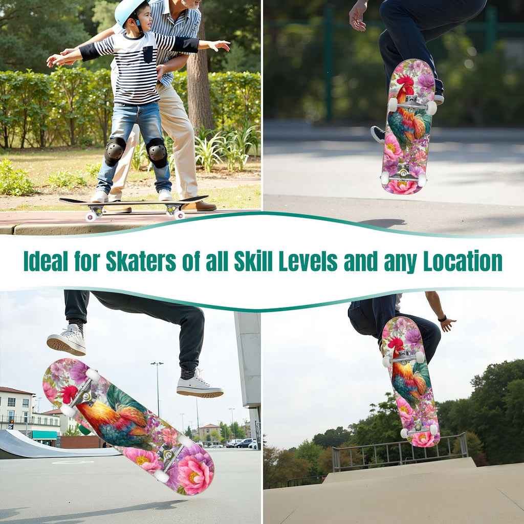 Dark Floral Wildflower Pink Yellow Blue Blooms 31" x 8" Complete Skateboard, 7-Ply Canadian Maple Double Kick Trick Board for Kids and Beginners Adult Gifts