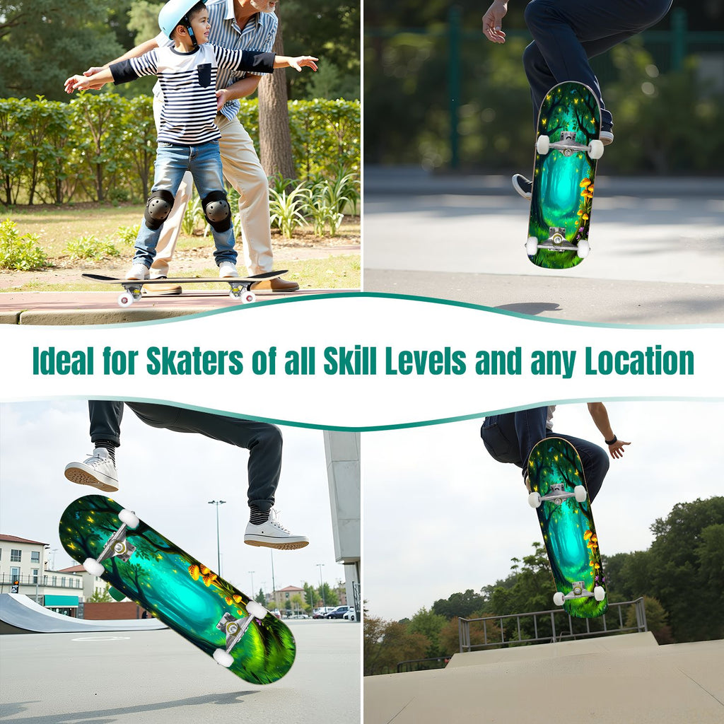 31"x8" Complete Skateboards for Beginners, Magical Forest Glowing Mushrooms Twinkling Fantasy Double Kick 7 Ply Canadian Maple Deck Skateboard with Wheels, Gifts for Kids Teens