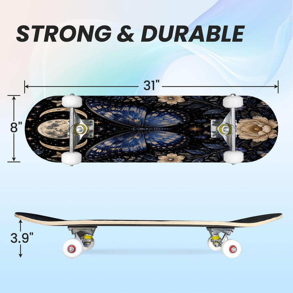 31"x8" Complete Skateboards for Beginners, Colorful Butterfly Blooming Flowers Under Full Moon Starry Double Kick 7 Ply Canadian Maple Deck Skateboard with Wheels, Gifts for Kids Teens