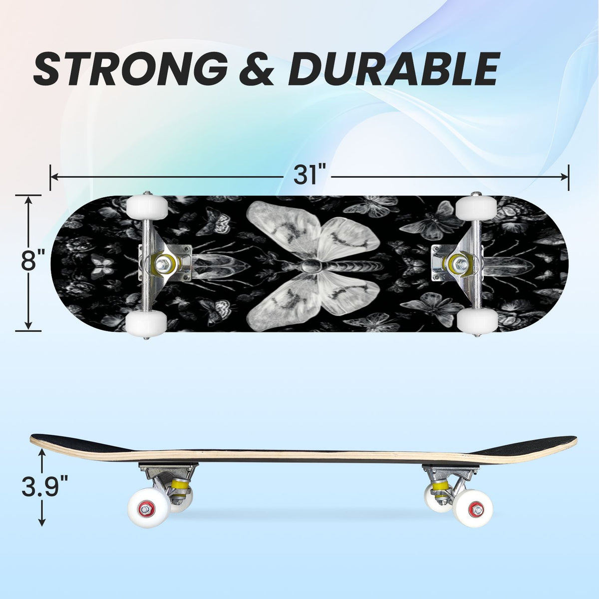 31"x8" Complete Skateboards for Beginners, Ethereal Night Garden Roses Starry Sky Dark Academia Double Kick 7 Ply Canadian Maple Deck Skateboard with Wheels, Gifts for Kids Teens
