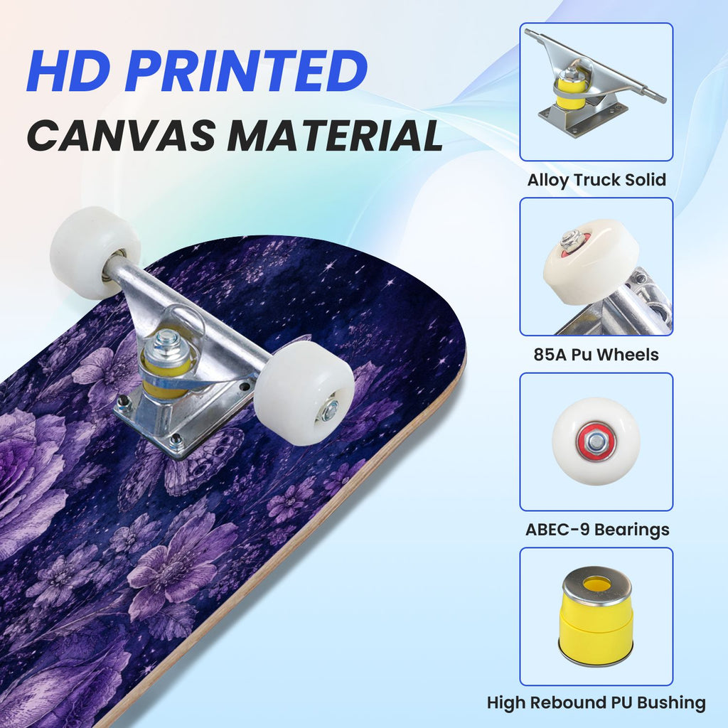 31"x8" Complete Skateboards for Beginners, Mystical Purple Butterfly Glowing Mushrooms Under Full Moon Double Kick 7 Ply Canadian Maple Deck Skateboard with Wheels, Gifts for Kids Teens
