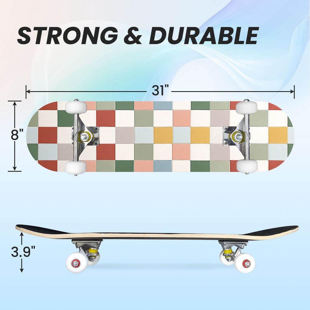 31"x8" Complete Skateboards for Beginners,Colorful Geometric Tile Multicolored Squares Double Kick 7 Ply Canadian Maple Deck Skateboard with Wheels, Gifts for Kids Teens