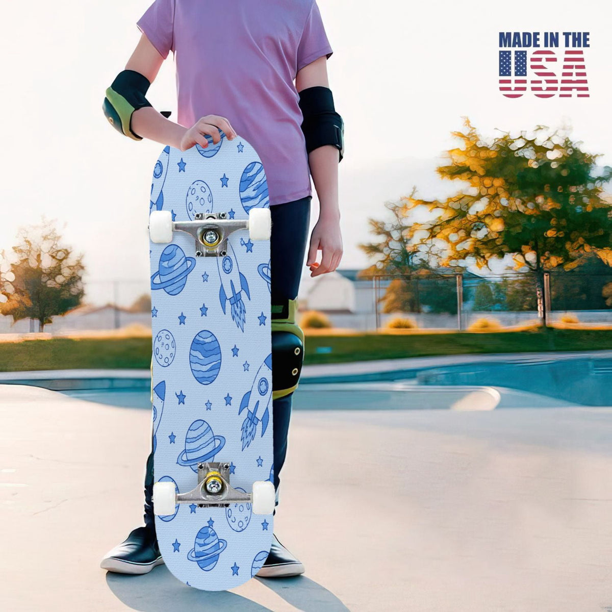 31"x8" Complete Skateboards for Beginners,Blue White Vintage Floral Roses Ornate Swirls Double Kick 7 Ply Canadian Maple Deck Skateboard with Wheels, Gifts for Kids Teens