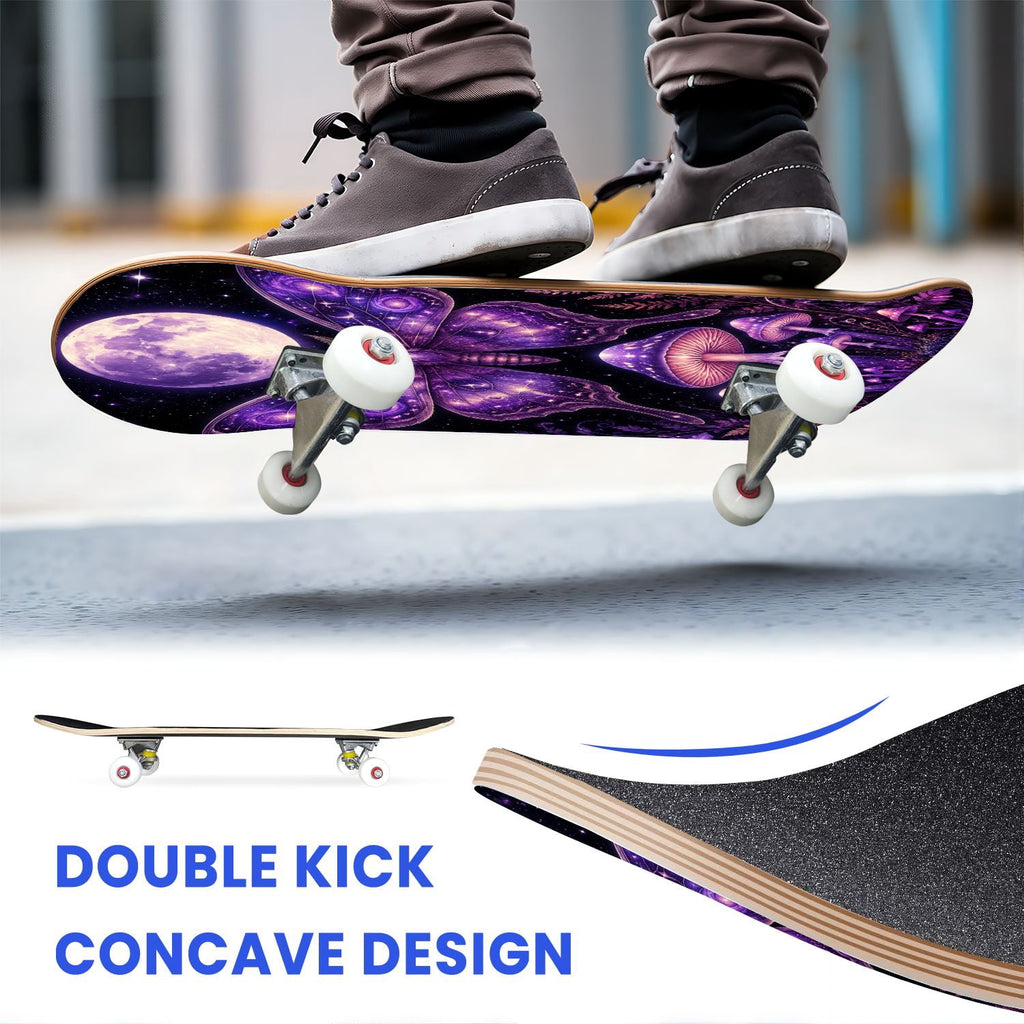 31"x8" Complete Skateboards for Beginners, Mystical Purple Butterfly Glowing Mushrooms Under Full Moon Double Kick 7 Ply Canadian Maple Deck Skateboard with Wheels, Gifts for Kids Teens