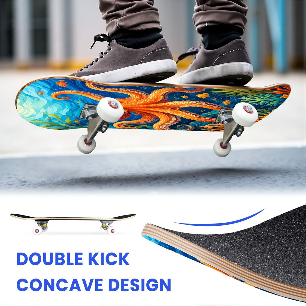 31"x8" Complete Skateboards for Beginners, Colorful Underwater Two Seahorses Coral Reefs Double Kick 7 Ply Canadian Maple Deck Skateboard with Wheels, Gifts for Kids Teens