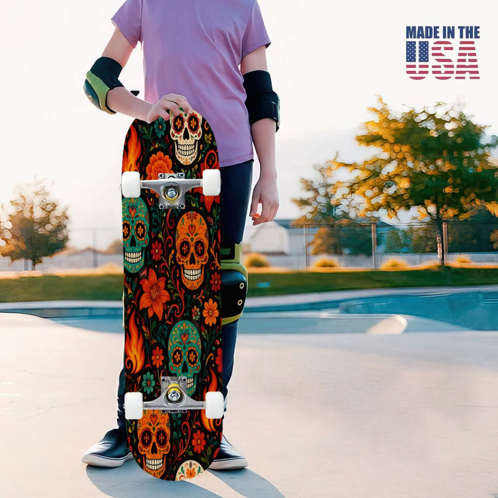 31"x8" Complete Skateboards for Beginners, Colorful Sugar Skulls Floral Patterns Mexican Double Kick 7 Ply Canadian Maple Deck Skateboard with Wheels, Gifts for Kids Teens