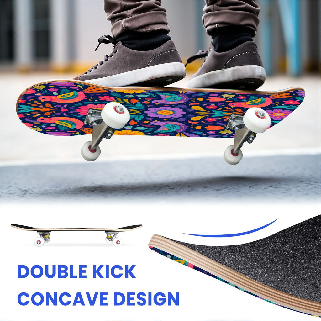 31"x8" Complete Skateboards for Beginners, Colorful Sugar Skull Vibrant Floral Day of the Dead Double Kick 7 Ply Canadian Maple Deck Skateboard with Wheels, Gifts for Kids Teens
